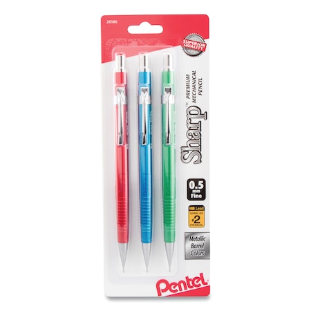 Pentel Sharp Mechanical Pencil, 0.5 mm, HB (No 2), Black Lead, Assorted Barrel Colors, PK3 P205MBP3M1